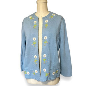Vintage 50s 60s Roger Fashions Floral Blue Knit Cardigan White Daisy Flowers